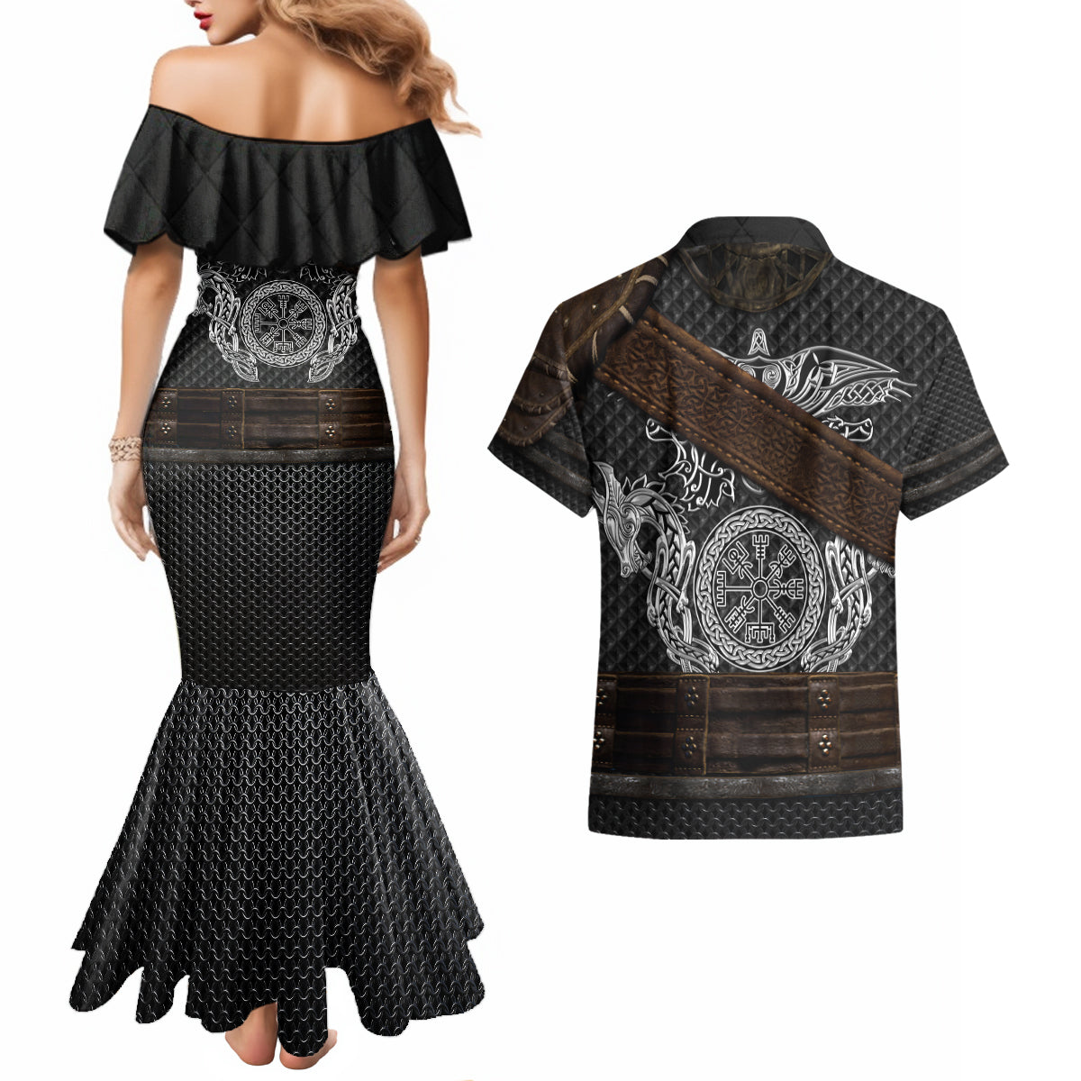 Viking Armor Couples Matching Mermaid Dress and Hawaiian Shirt Vegvisir With Silver Chain Link - Wonder Print Shop