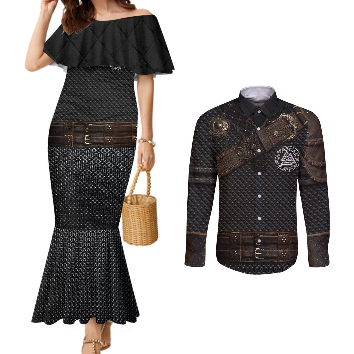 viking-armor-couples-matching-mermaid-dress-and-long-sleeve-button-shirts-vegvisir-with-silver-chain-link