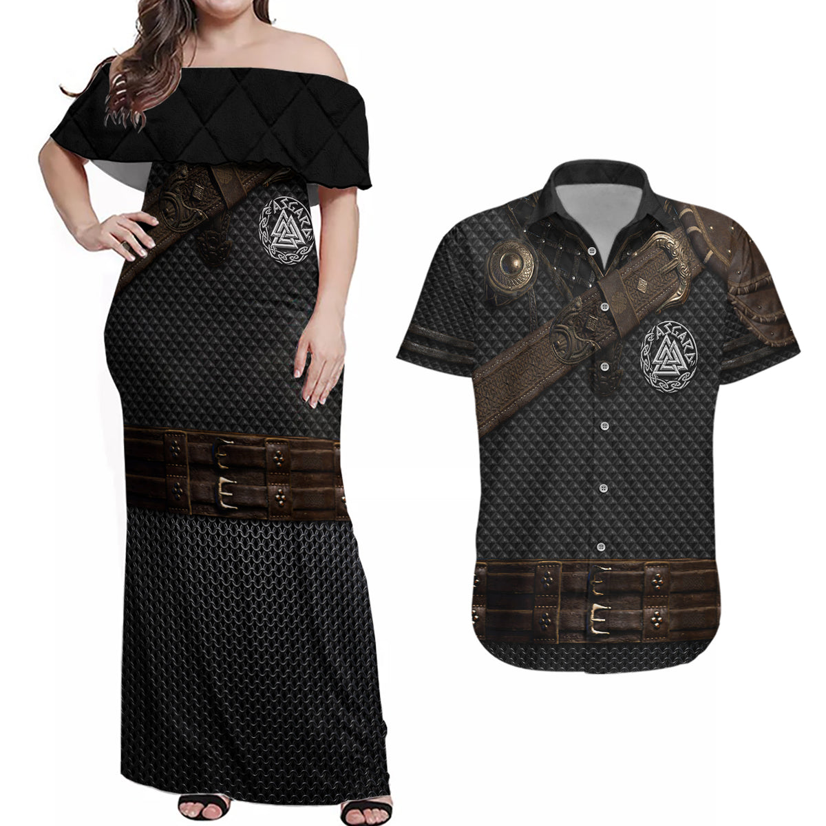 Viking Armor Couples Matching Off Shoulder Maxi Dress and Hawaiian Shirt Vegvisir With Silver Chain Link - Wonder Print Shop