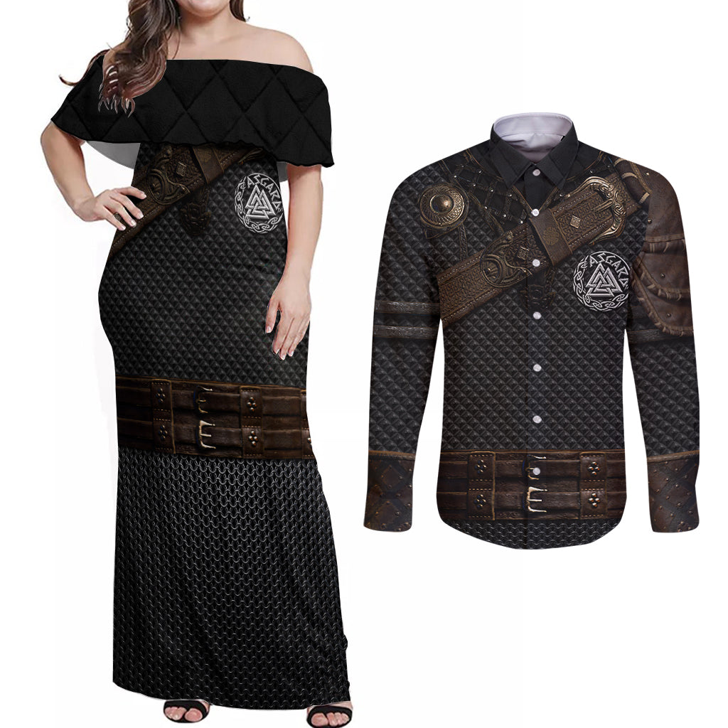 Viking Armor Couples Matching Off Shoulder Maxi Dress and Long Sleeve Button Shirts Vegvisir With Silver Chain Link - Wonder Print Shop