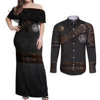 Viking Armor Couples Matching Off Shoulder Maxi Dress and Long Sleeve Button Shirts Vegvisir With Silver Chain Link - Wonder Print Shop