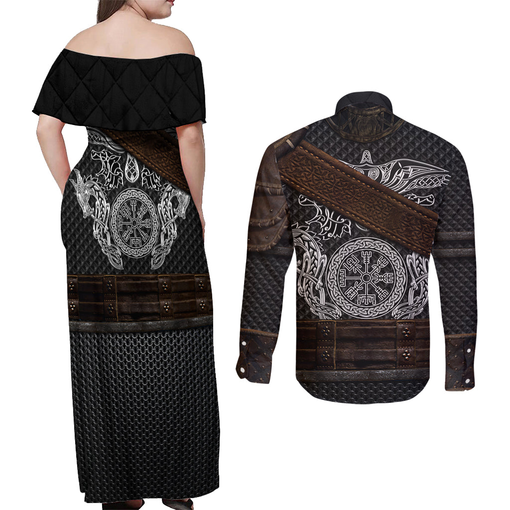 Viking Armor Couples Matching Off Shoulder Maxi Dress and Long Sleeve Button Shirts Vegvisir With Silver Chain Link - Wonder Print Shop