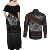 Viking Armor Couples Matching Off Shoulder Maxi Dress and Long Sleeve Button Shirts Vegvisir With Silver Chain Link - Wonder Print Shop