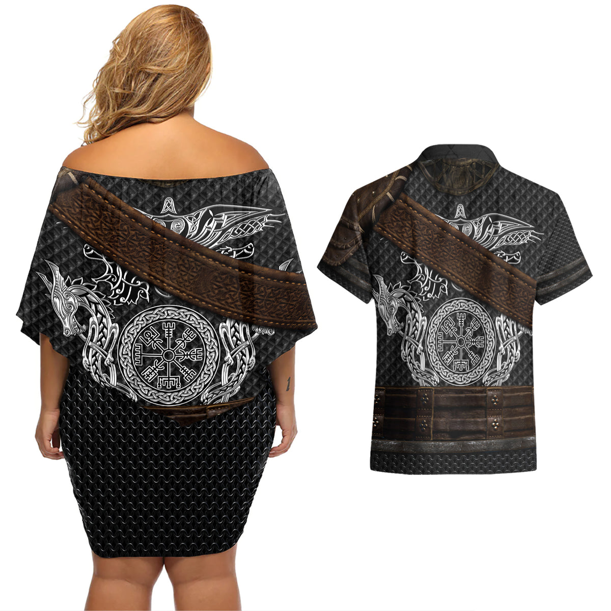 Viking Armor Couples Matching Off Shoulder Short Dress and Hawaiian Shirt Vegvisir With Silver Chain Link - Wonder Print Shop