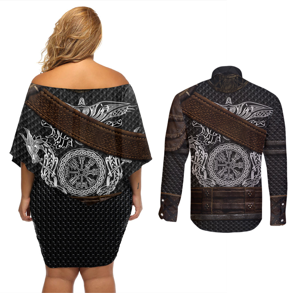 Viking Armor Couples Matching Off Shoulder Short Dress and Long Sleeve Button Shirts Vegvisir With Silver Chain Link - Wonder Print Shop