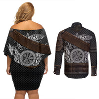 Viking Armor Couples Matching Off Shoulder Short Dress and Long Sleeve Button Shirts Vegvisir With Silver Chain Link - Wonder Print Shop