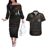 Viking Armor Couples Matching Off The Shoulder Long Sleeve Dress and Hawaiian Shirt Vegvisir With Silver Chain Link - Wonder Print Shop