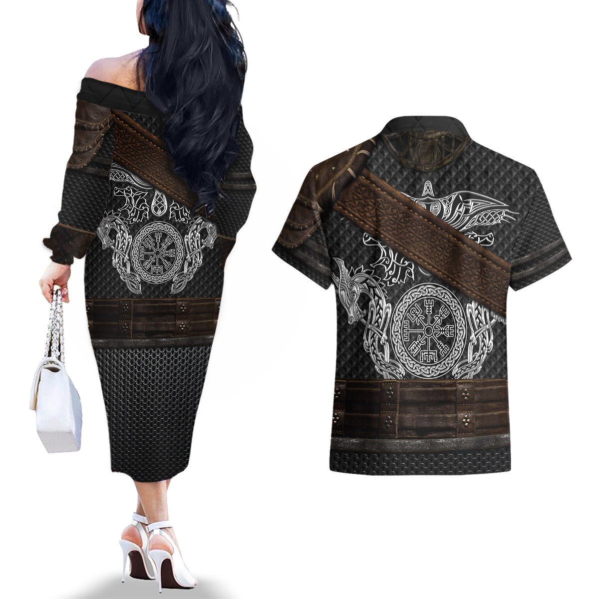 Viking Armor Couples Matching Off The Shoulder Long Sleeve Dress and Hawaiian Shirt Vegvisir With Silver Chain Link - Wonder Print Shop