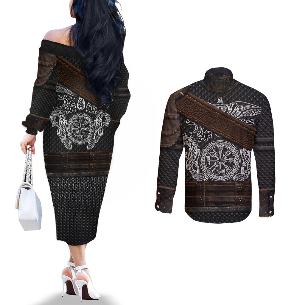 viking-armor-couples-matching-off-the-shoulder-long-sleeve-dress-and-long-sleeve-button-shirts-vegvisir-with-silver-chain-link