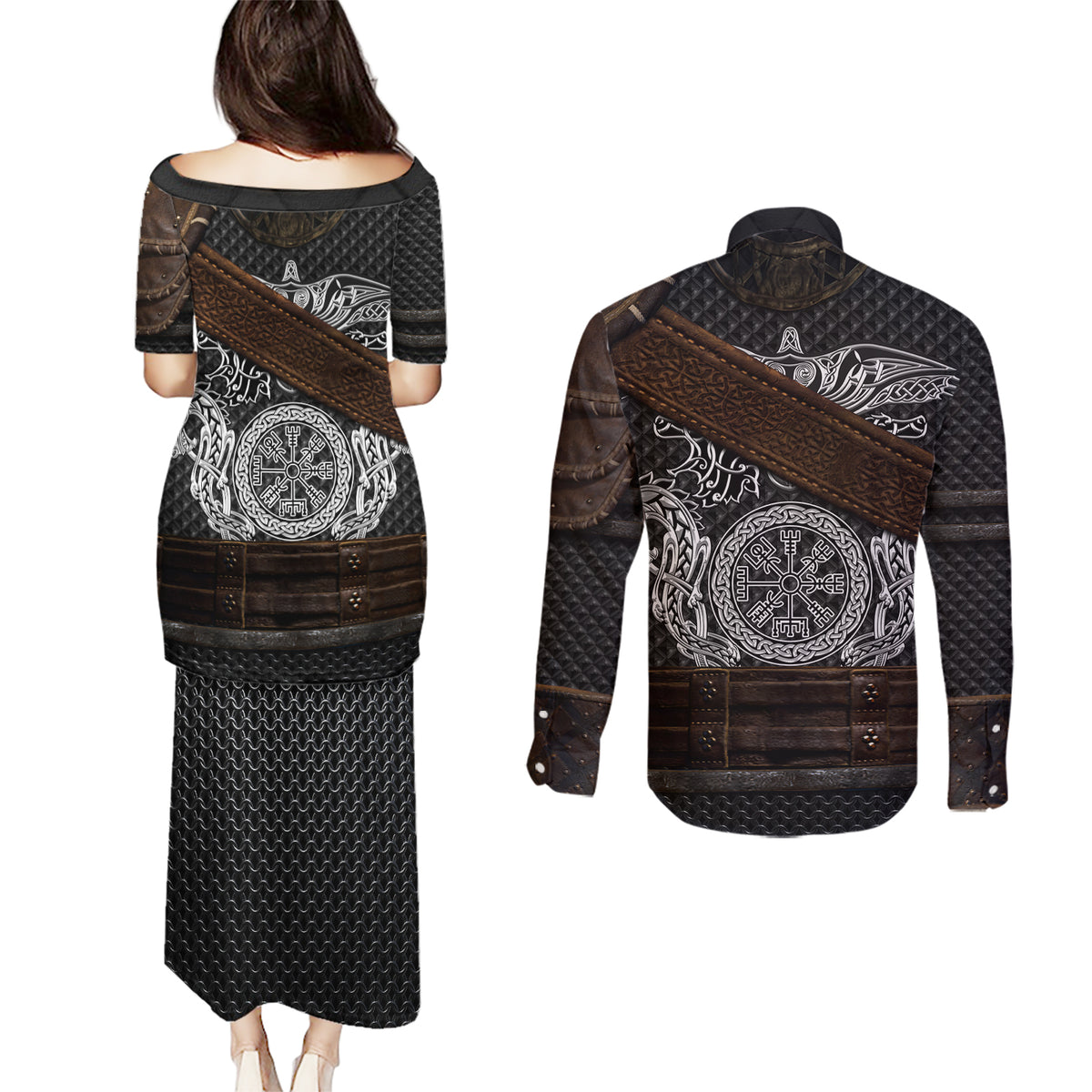 Viking Armor Couples Matching Puletasi Dress and Long Sleeve Button Shirts Vegvisir With Silver Chain Link - Wonder Print Shop
