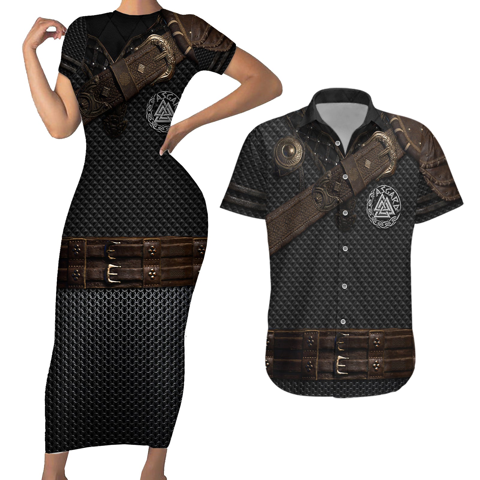 Viking Armor Couples Matching Short Sleeve Bodycon Dress and Hawaiian Shirt Vegvisir With Silver Chain Link - Wonder Print Shop