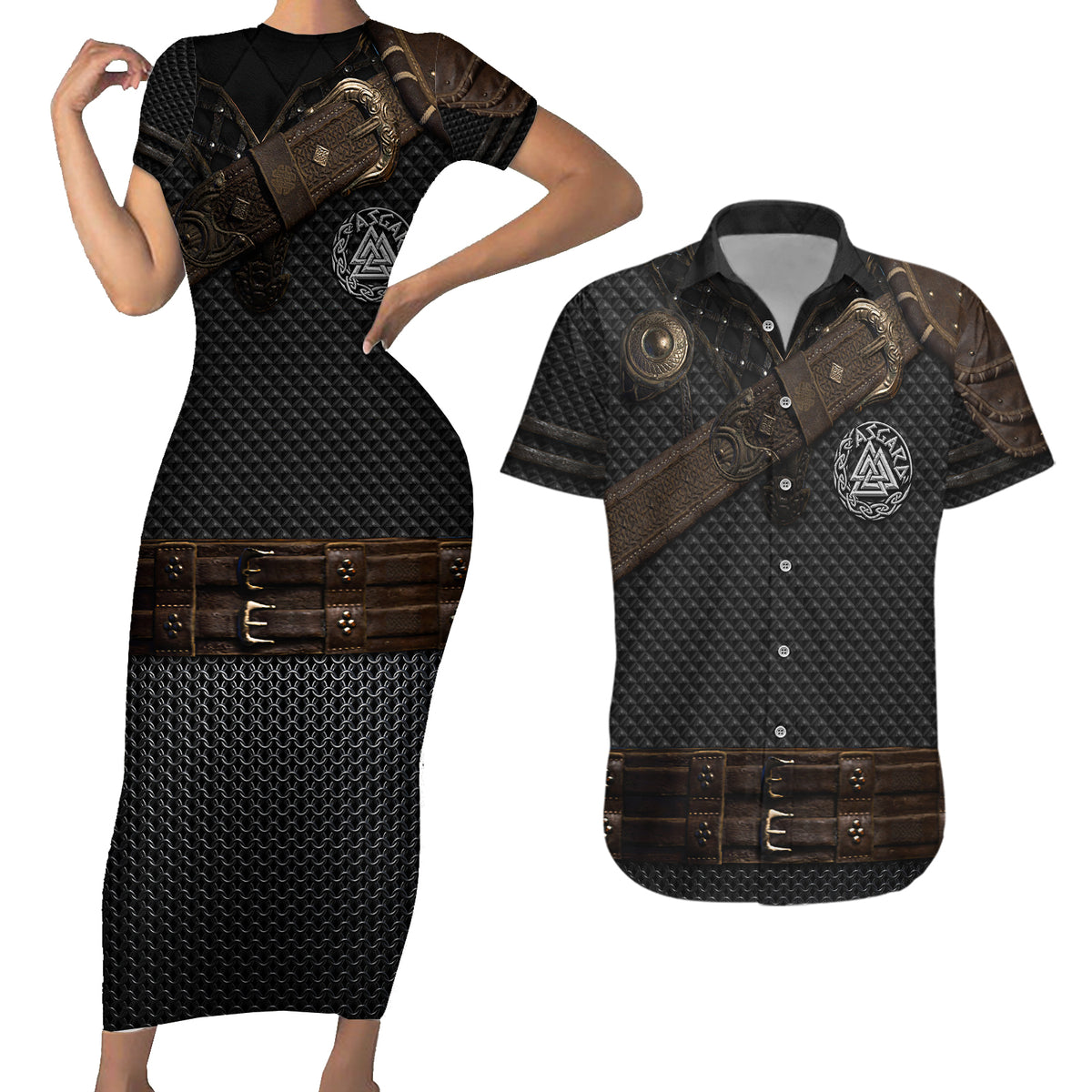 Viking Armor Couples Matching Short Sleeve Bodycon Dress and Hawaiian Shirt Vegvisir With Silver Chain Link - Wonder Print Shop