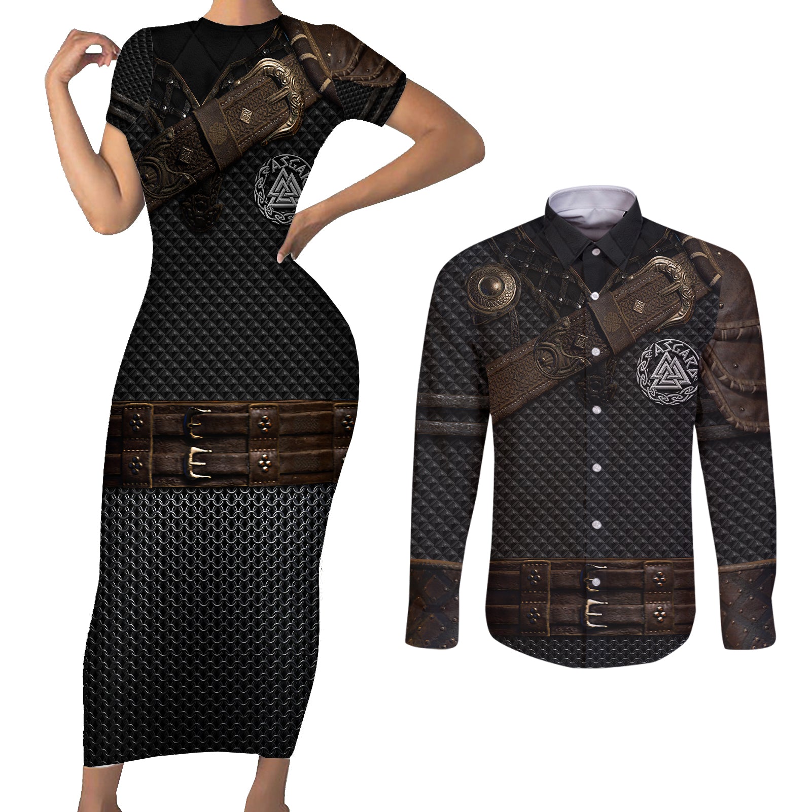 Viking Armor Couples Matching Short Sleeve Bodycon Dress and Long Sleeve Button Shirts Vegvisir With Silver Chain Link - Wonder Print Shop