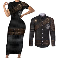 Viking Armor Couples Matching Short Sleeve Bodycon Dress and Long Sleeve Button Shirts Vegvisir With Silver Chain Link - Wonder Print Shop