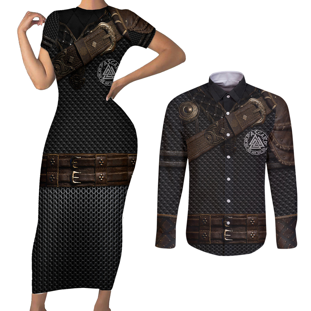 Viking Armor Couples Matching Short Sleeve Bodycon Dress and Long Sleeve Button Shirts Vegvisir With Silver Chain Link - Wonder Print Shop