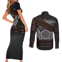 Viking Armor Couples Matching Short Sleeve Bodycon Dress and Long Sleeve Button Shirts Vegvisir With Silver Chain Link - Wonder Print Shop