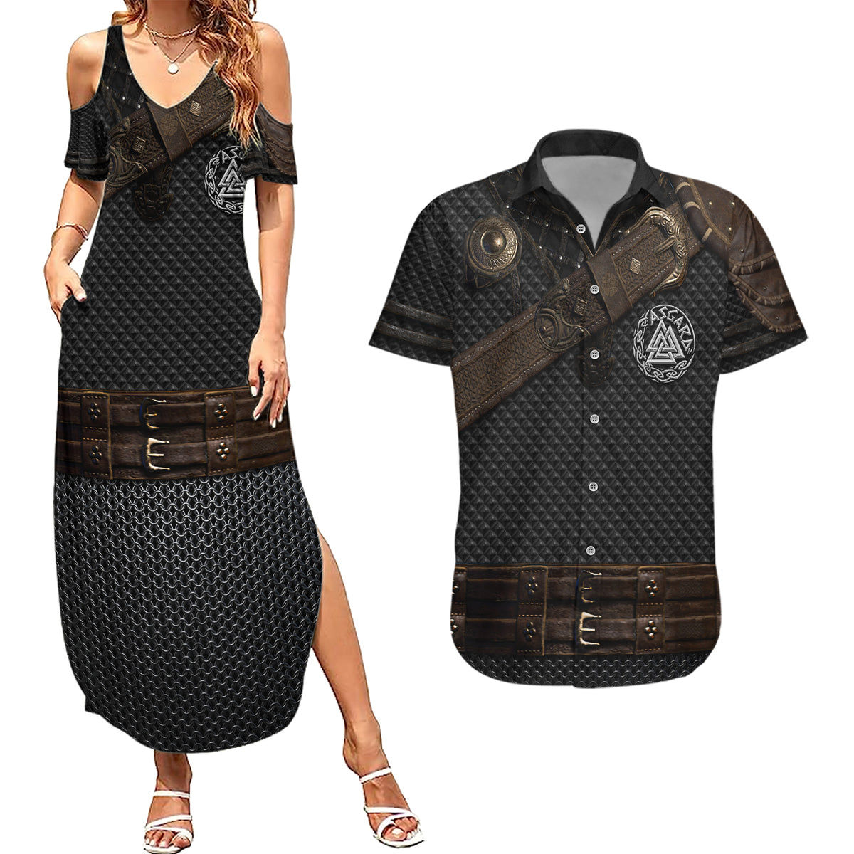 Viking Armor Couples Matching Summer Maxi Dress and Hawaiian Shirt Vegvisir With Silver Chain Link - Wonder Print Shop