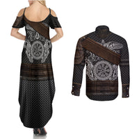 Viking Armor Couples Matching Summer Maxi Dress and Long Sleeve Button Shirts Vegvisir With Silver Chain Link - Wonder Print Shop