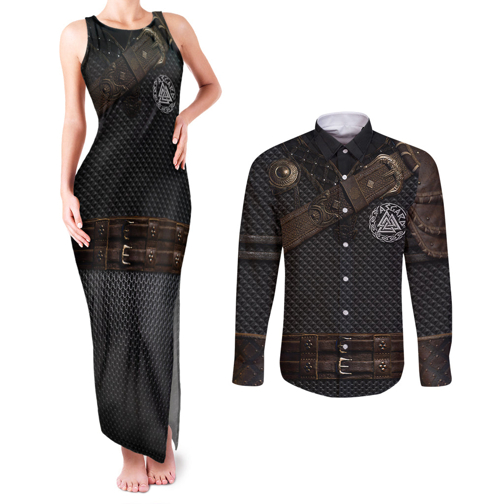 Viking Armor Couples Matching Tank Maxi Dress and Long Sleeve Button Shirts Vegvisir With Silver Chain Link - Wonder Print Shop