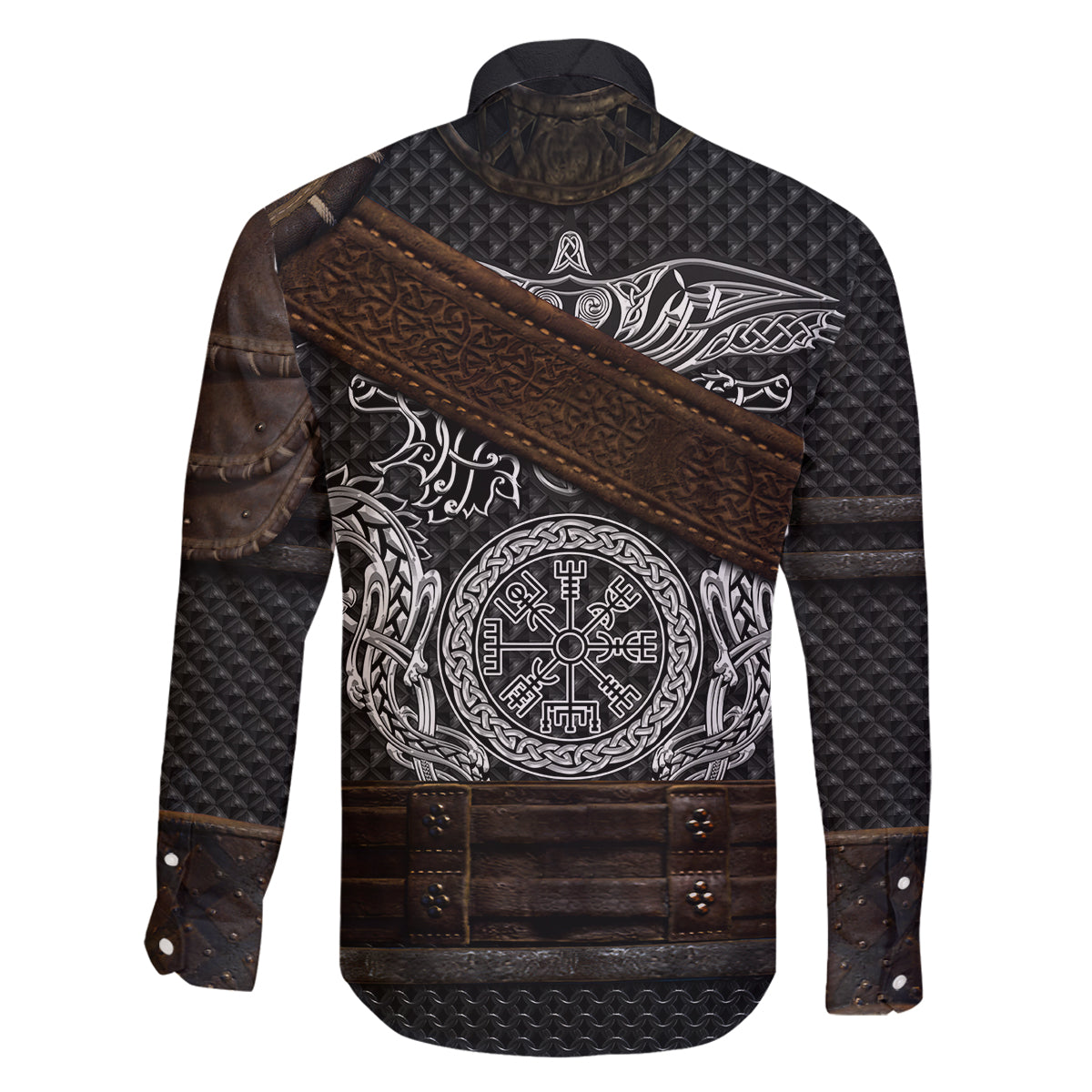 Viking Armor Family Matching Long Sleeve Bodycon Dress and Hawaiian Shirt Vegvisir With Silver Chain Link - Wonder Print Shop