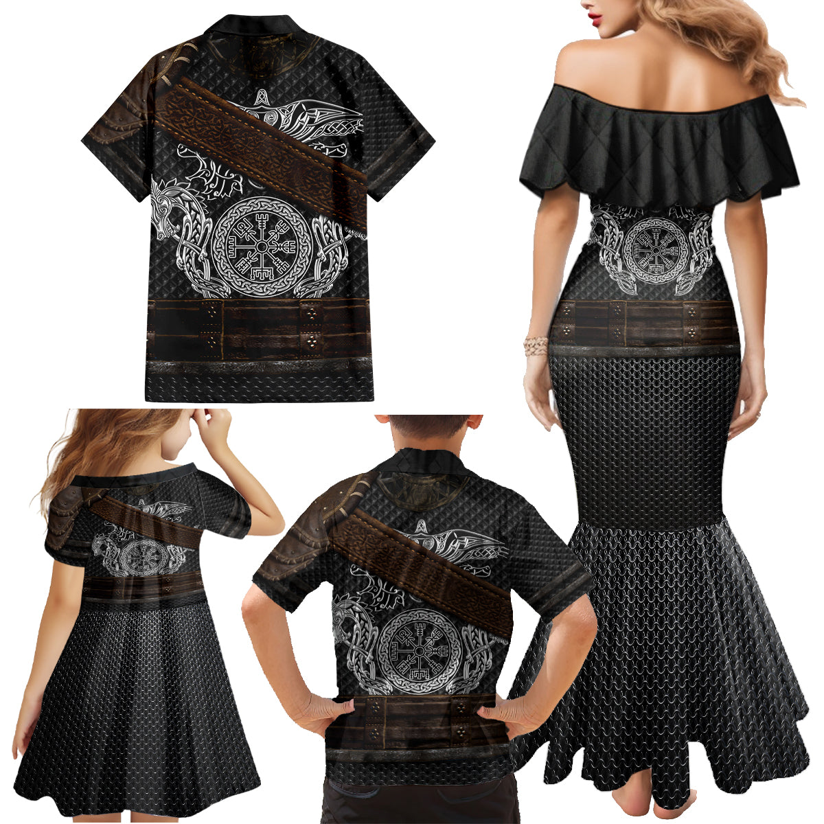 Viking Armor Family Matching Mermaid Dress and Hawaiian Shirt Vegvisir With Silver Chain Link - Wonder Print Shop