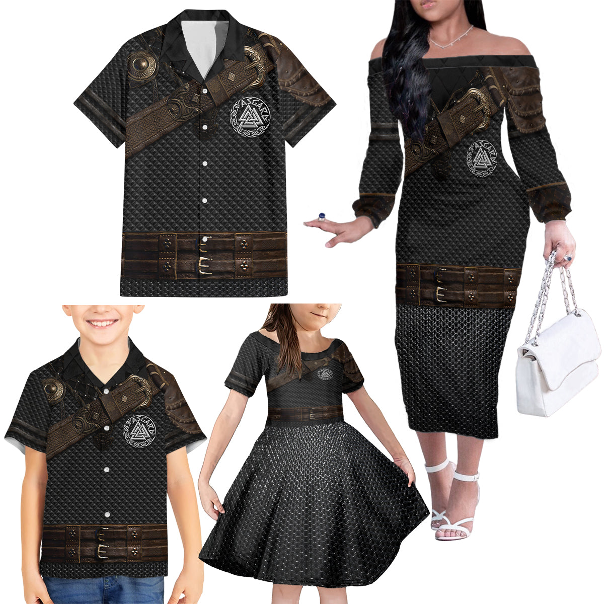 Viking Armor Family Matching Off Shoulder Long Sleeve Dress and Hawaiian Shirt Vegvisir With Silver Chain Link - Wonder Print Shop