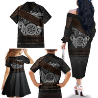 Viking Armor Family Matching Off Shoulder Long Sleeve Dress and Hawaiian Shirt Vegvisir With Silver Chain Link - Wonder Print Shop