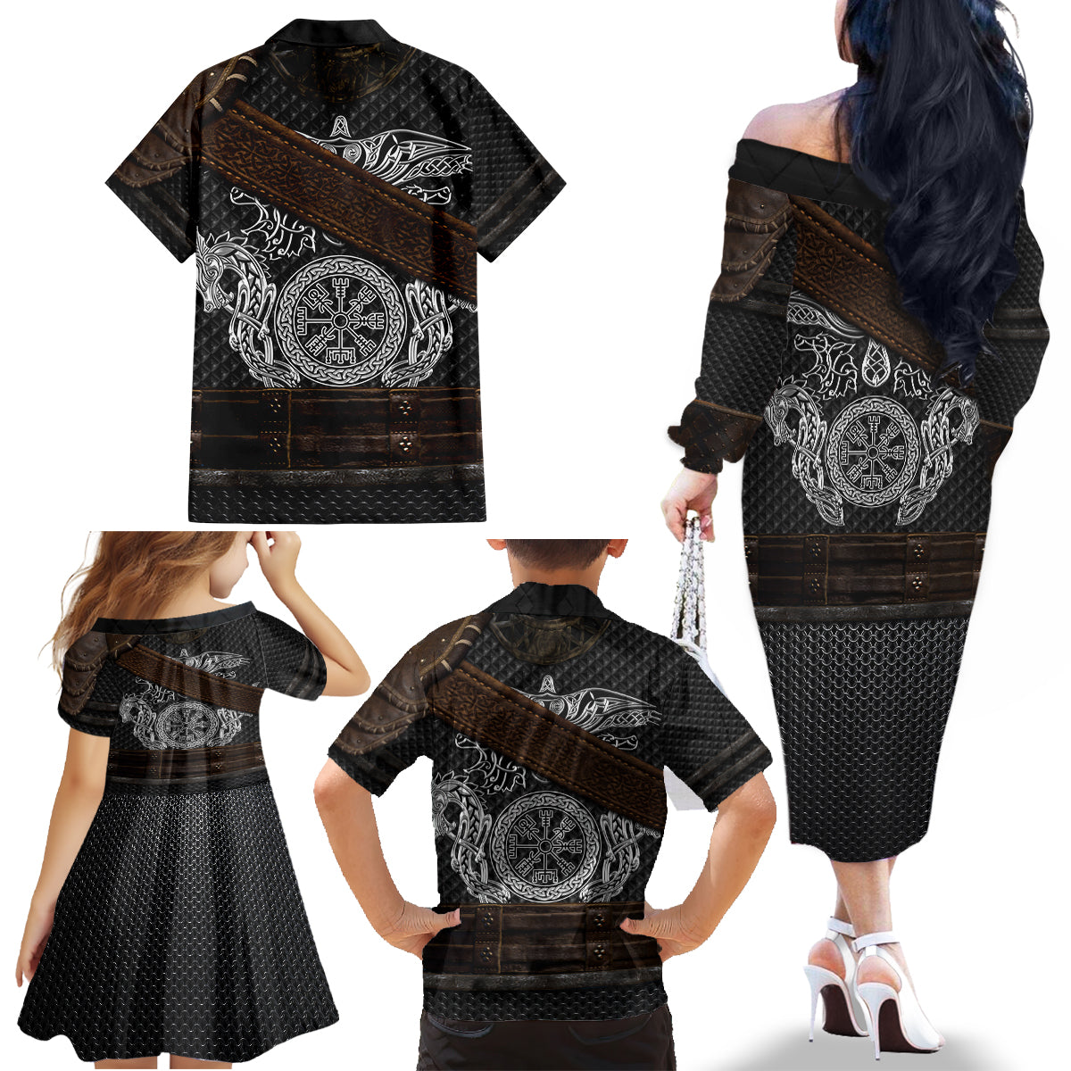 Viking Armor Family Matching Off Shoulder Long Sleeve Dress and Hawaiian Shirt Vegvisir With Silver Chain Link - Wonder Print Shop