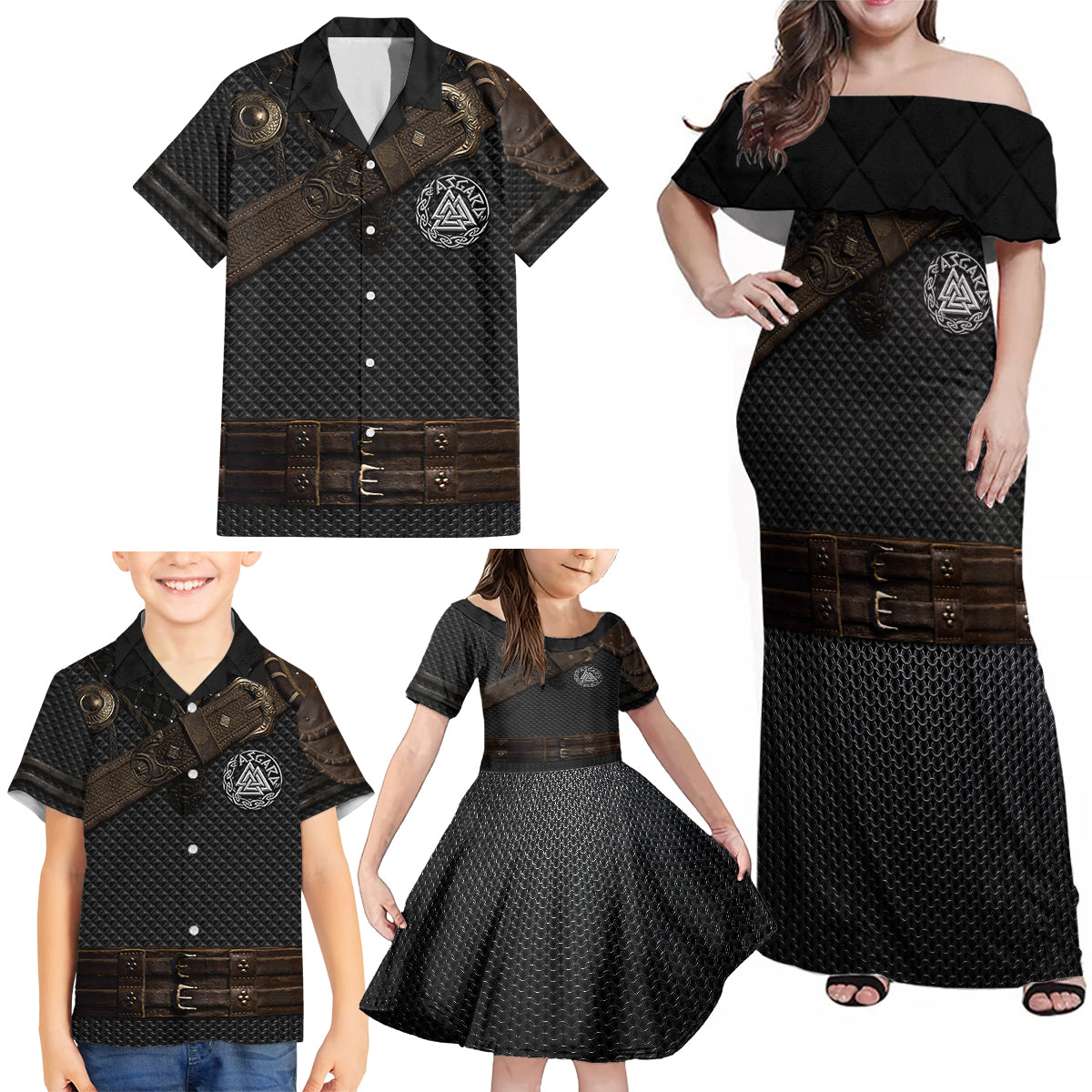 Viking Armor Family Matching Off Shoulder Maxi Dress and Hawaiian Shirt Vegvisir With Silver Chain Link - Wonder Print Shop