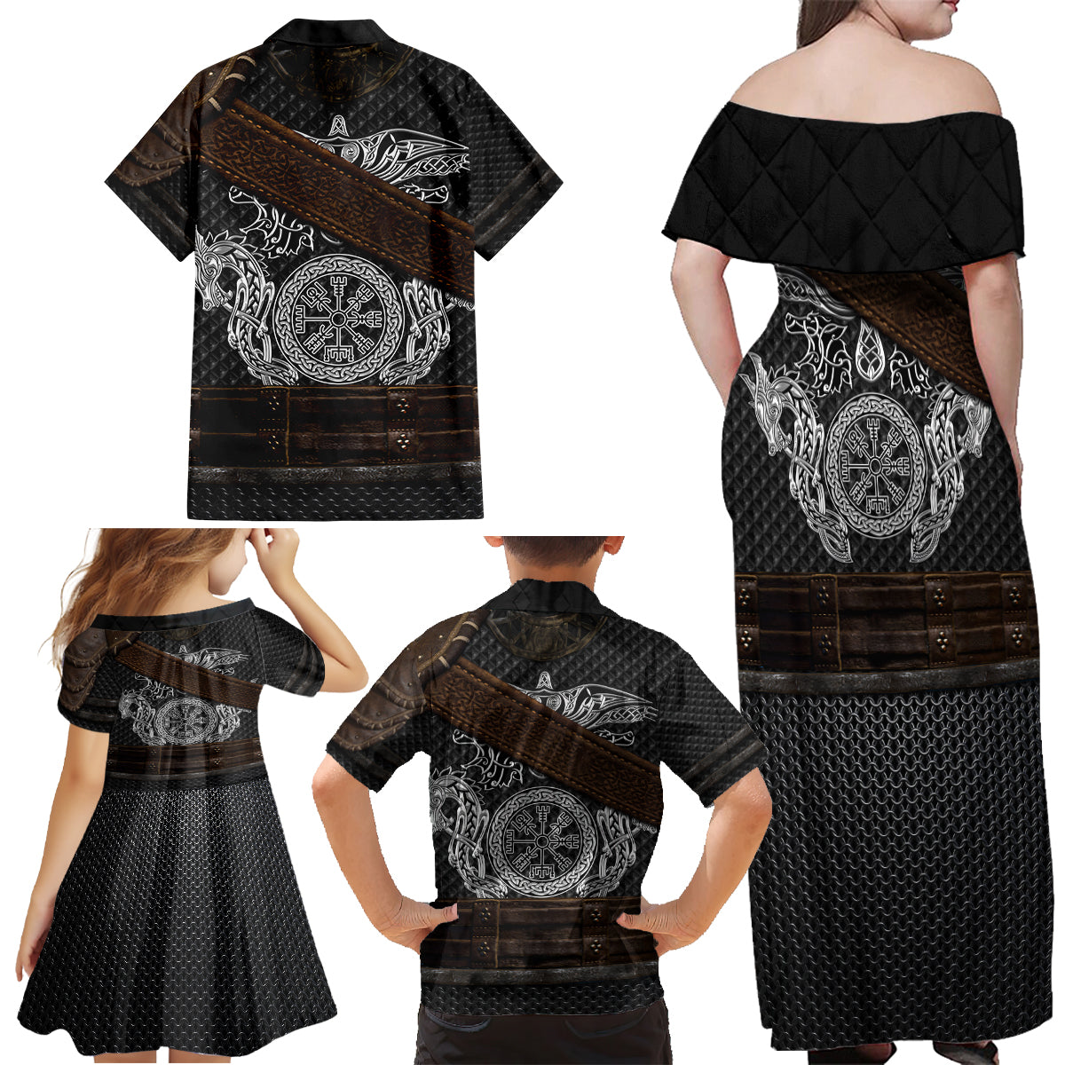 Viking Armor Family Matching Off Shoulder Maxi Dress and Hawaiian Shirt Vegvisir With Silver Chain Link - Wonder Print Shop
