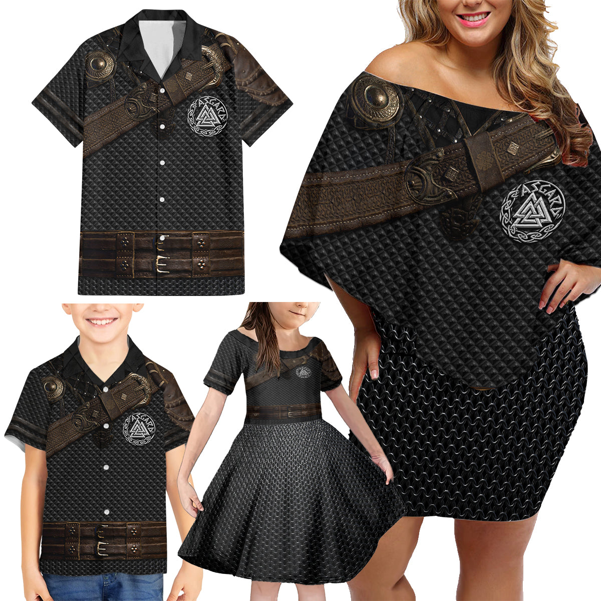 Viking Armor Family Matching Off Shoulder Short Dress and Hawaiian Shirt Vegvisir With Silver Chain Link - Wonder Print Shop