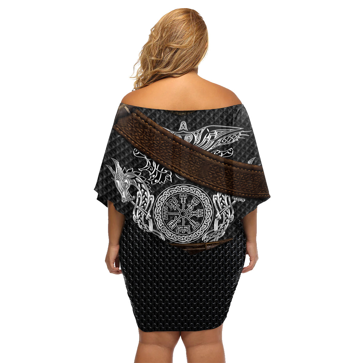 Viking Armor Family Matching Off Shoulder Short Dress and Hawaiian Shirt Vegvisir With Silver Chain Link - Wonder Print Shop
