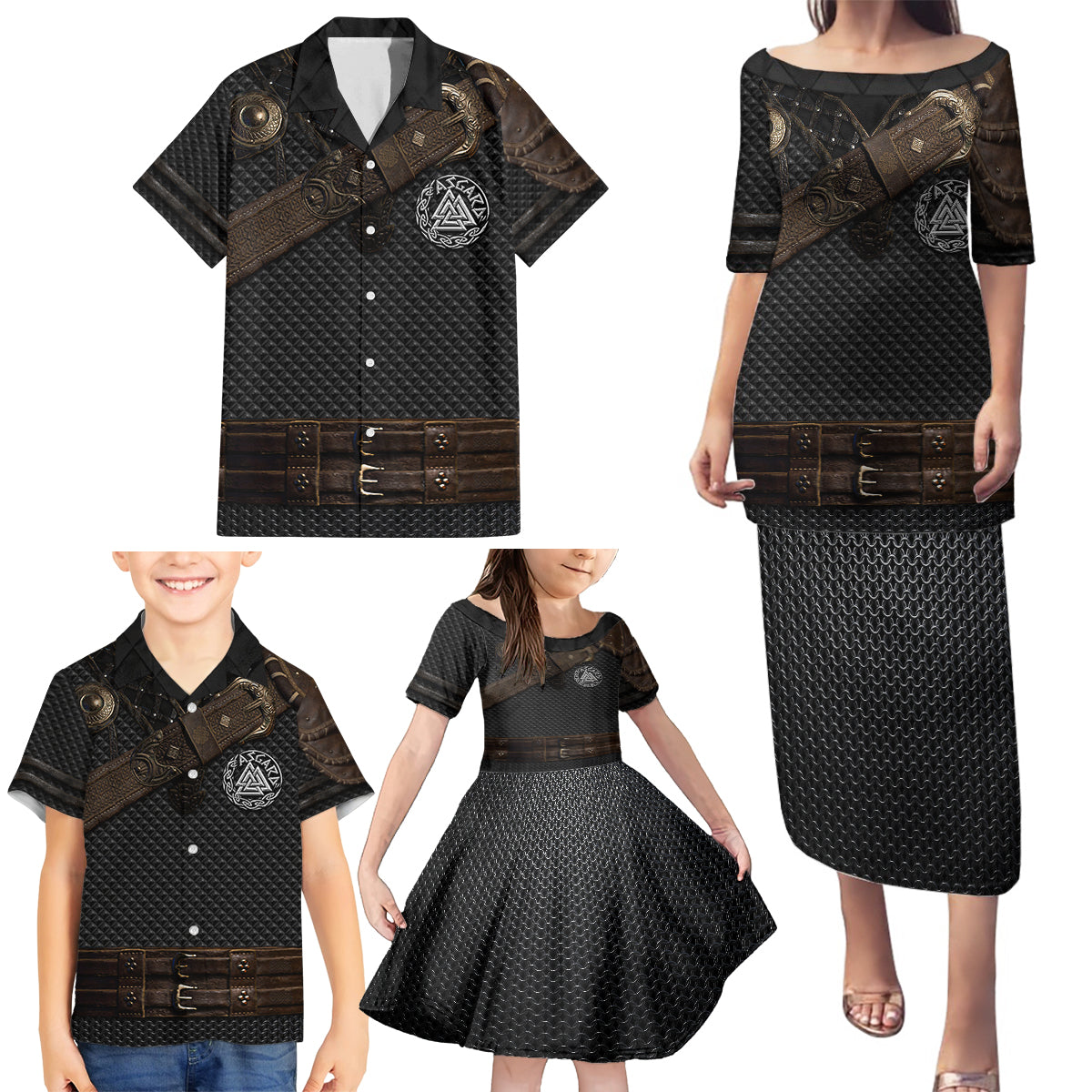 Viking Armor Family Matching Puletasi Dress and Hawaiian Shirt Vegvisir With Silver Chain Link - Wonder Print Shop
