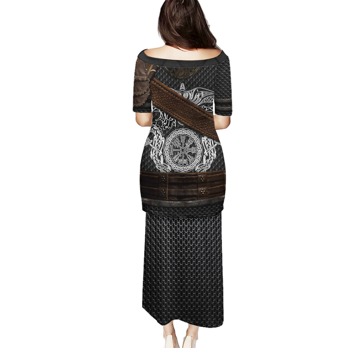 Viking Armor Family Matching Puletasi Dress and Hawaiian Shirt Vegvisir With Silver Chain Link - Wonder Print Shop