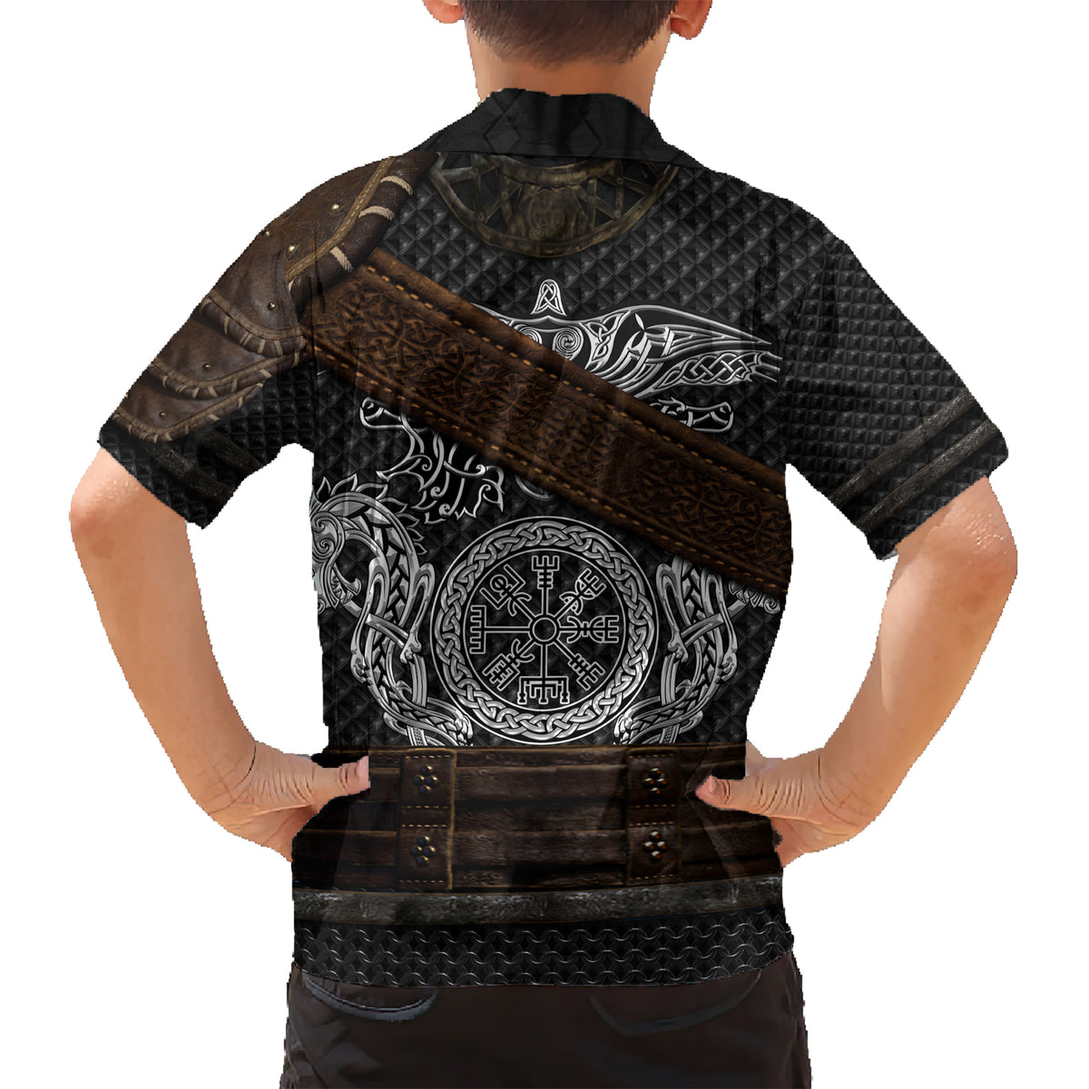 Viking Armor Family Matching Short Sleeve Bodycon Dress and Hawaiian Shirt Vegvisir With Silver Chain Link - Wonder Print Shop