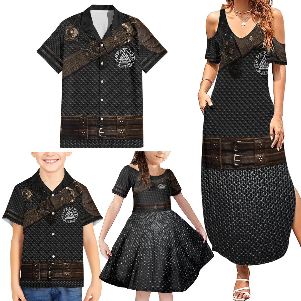 Viking Armor Family Matching Summer Maxi Dress and Hawaiian Shirt Vegvisir With Silver Chain Link - Wonder Print Shop