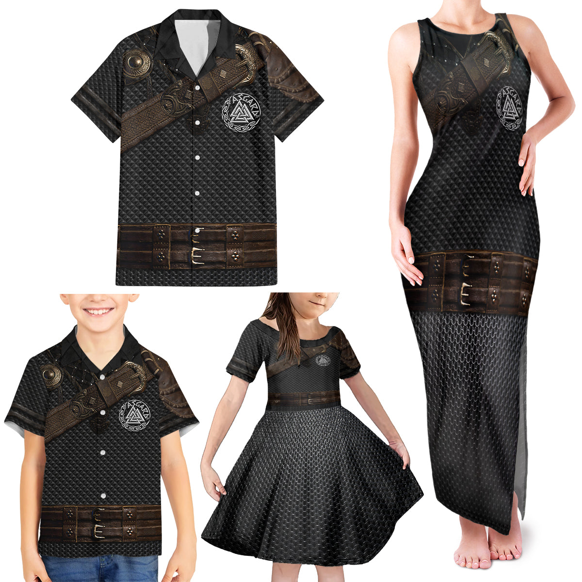 Viking Armor Family Matching Tank Maxi Dress and Hawaiian Shirt Vegvisir With Silver Chain Link - Wonder Print Shop