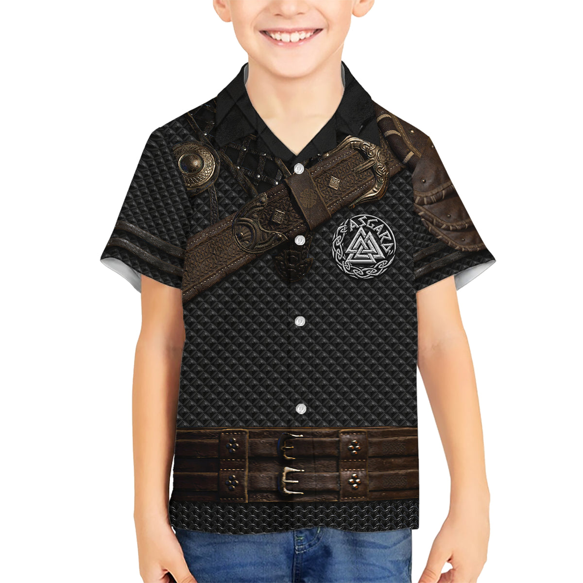 Viking Armor Kid Hawaiian Shirt Vegvisir With Silver Chain Link - Wonder Print Shop