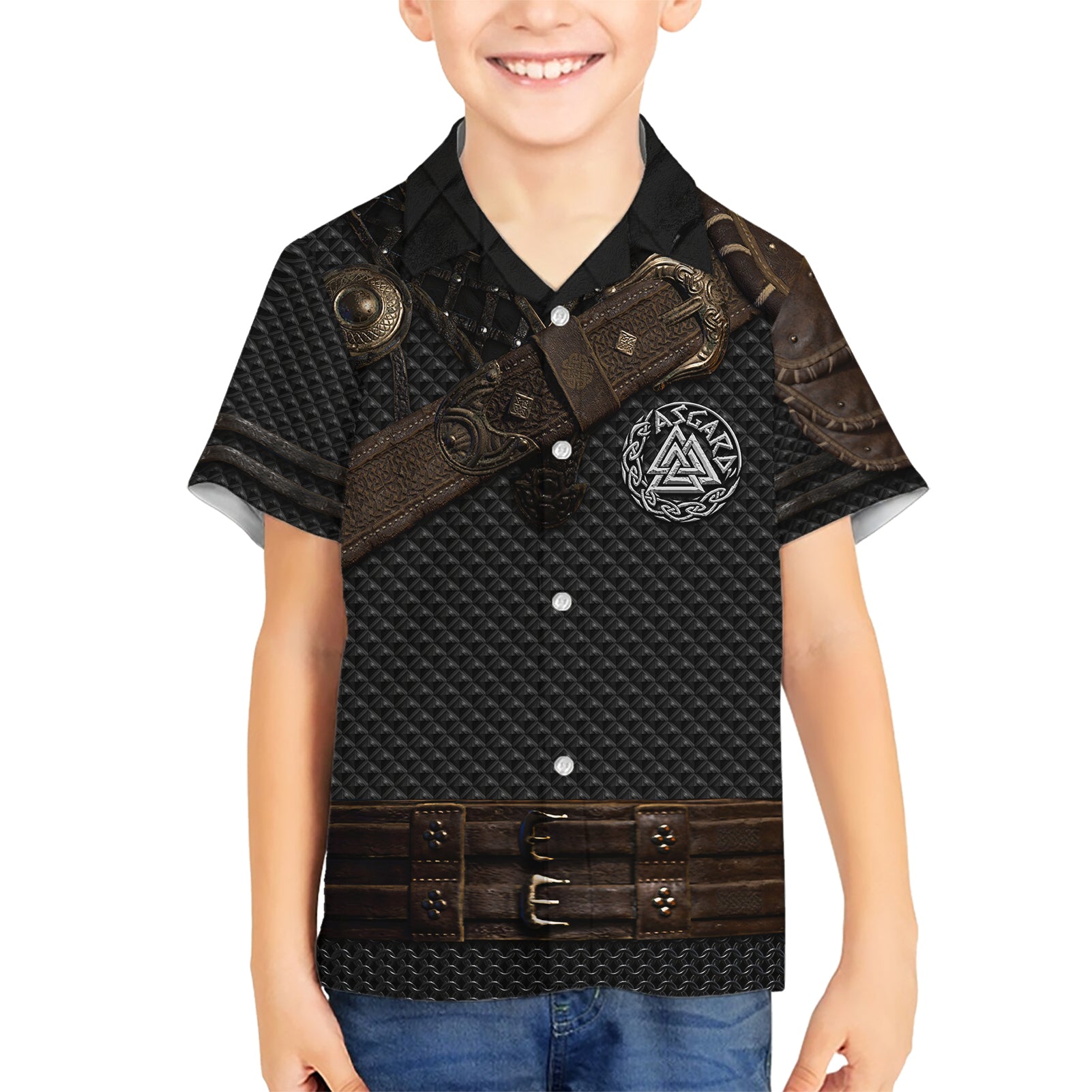 Viking Armor Kid Hawaiian Shirt Vegvisir With Silver Chain Link - Wonder Print Shop