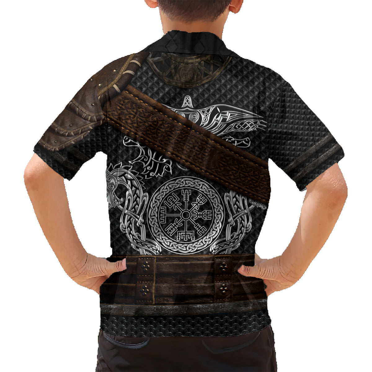 Viking Armor Kid Hawaiian Shirt Vegvisir With Silver Chain Link - Wonder Print Shop