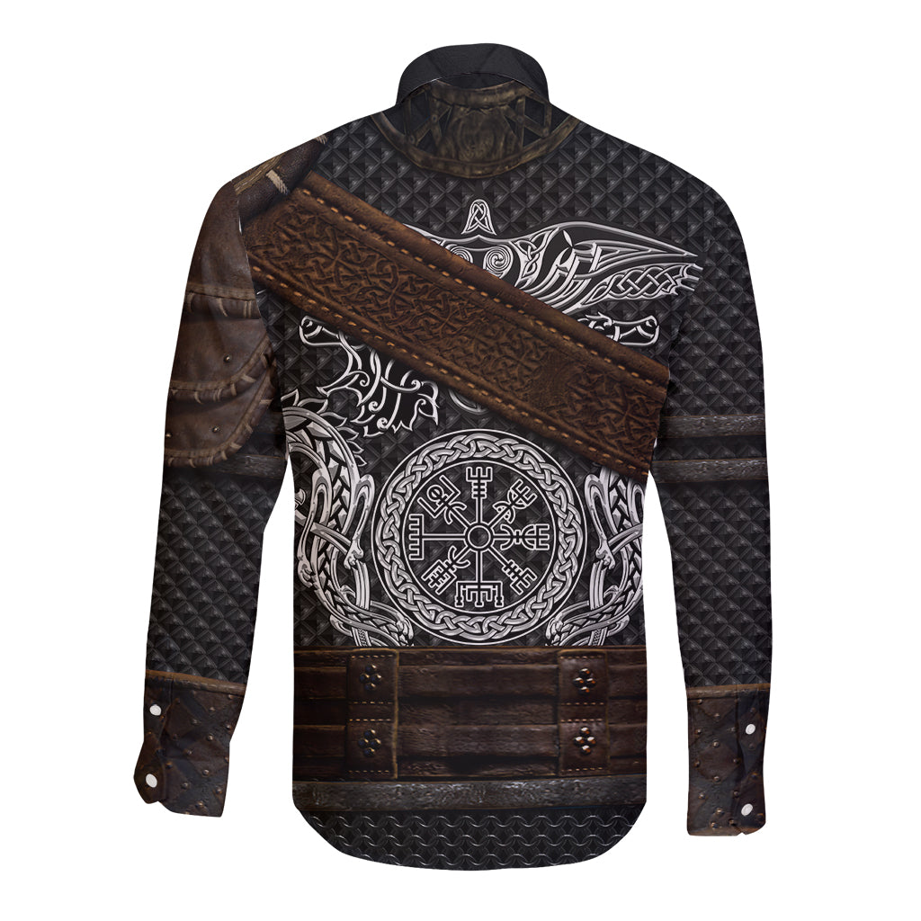 Viking Armor Long Sleeve Button Shirt Vegvisir With Silver Chain Link - Wonder Print Shop