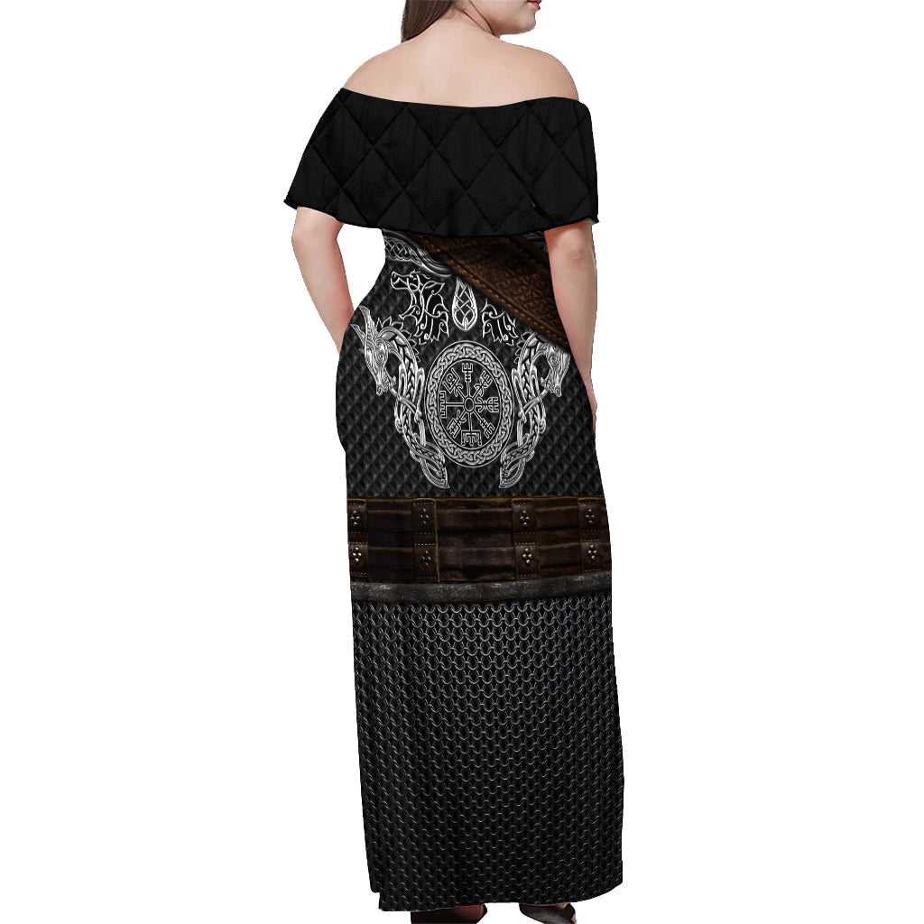 Viking Armor Off Shoulder Maxi Dress Vegvisir With Silver Chain Link - Wonder Print Shop