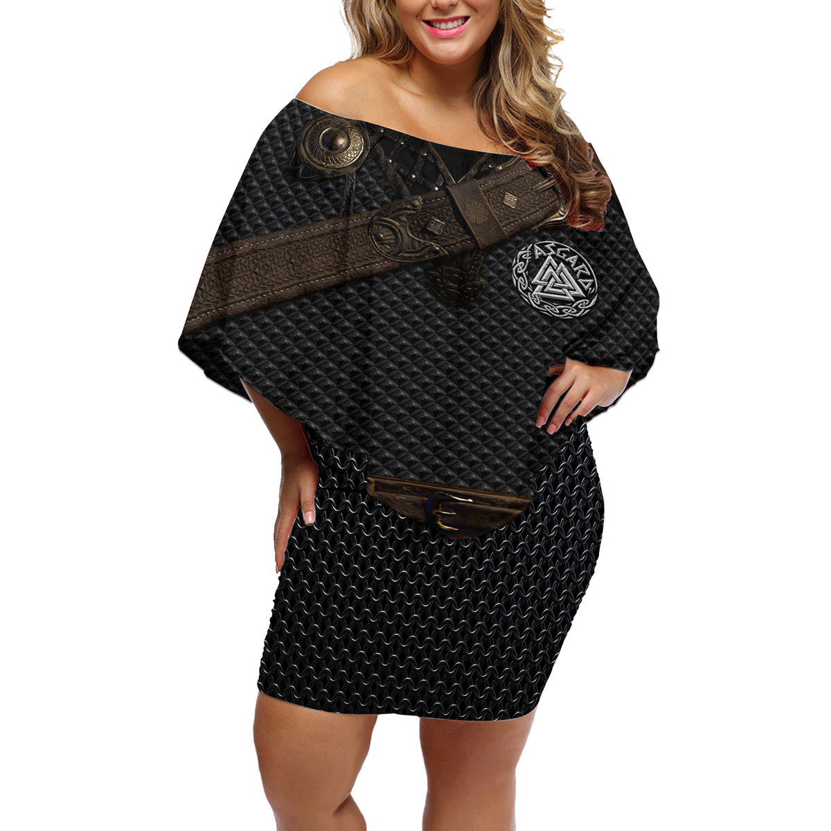 Viking Armor Off Shoulder Short Dress Vegvisir With Silver Chain Link - Wonder Print Shop