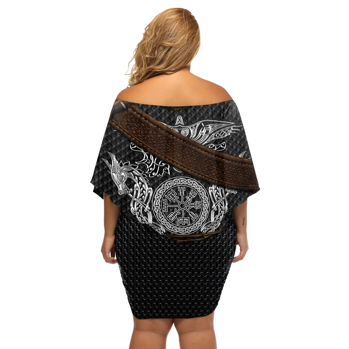 Viking Armor Off Shoulder Short Dress Vegvisir With Silver Chain Link - Wonder Print Shop