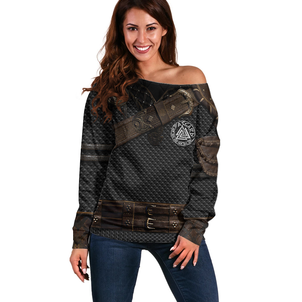 Viking Armor Off Shoulder Sweater Vegvisir With Silver Chain Link - Wonder Print Shop