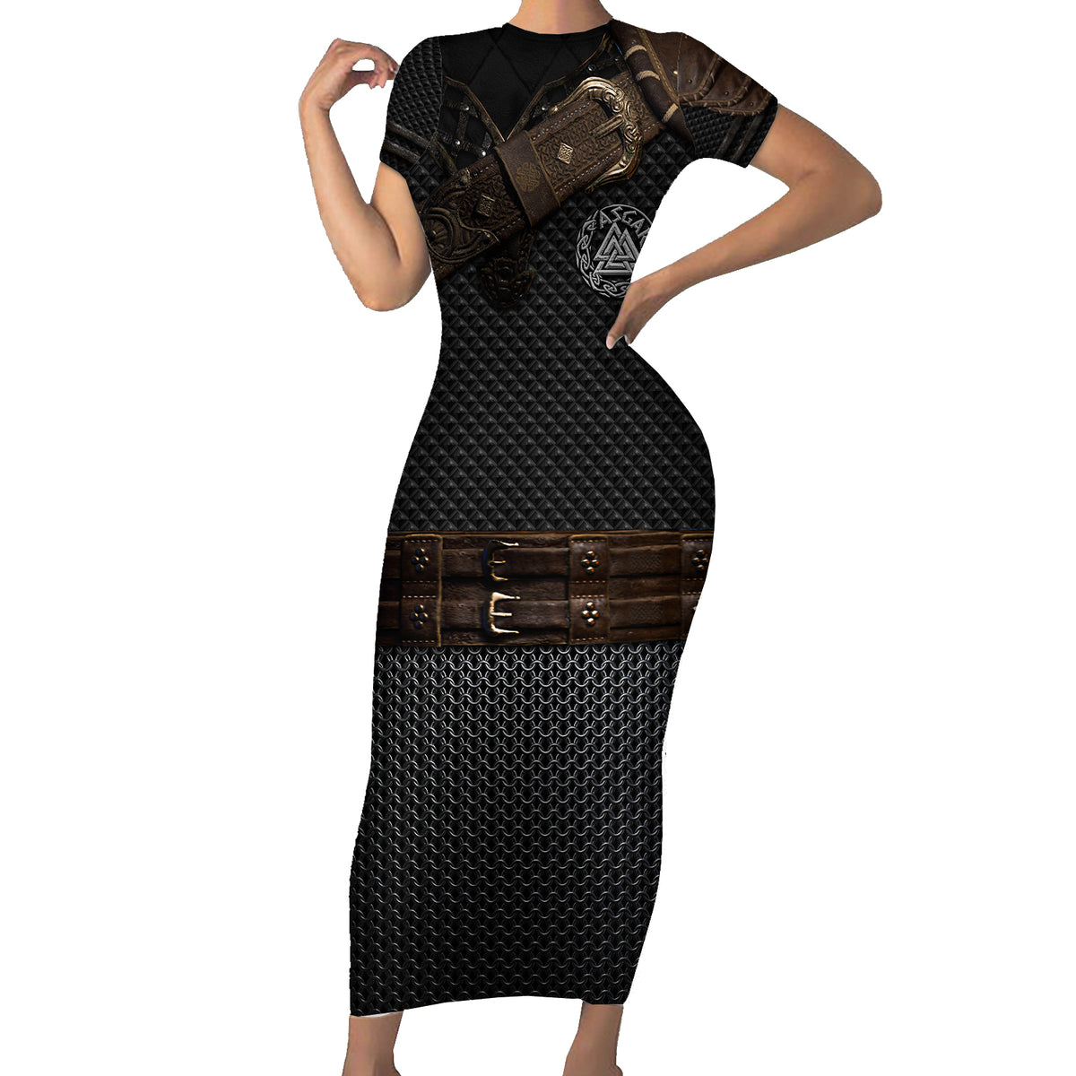 Viking Armor Short Sleeve Bodycon Dress Vegvisir With Silver Chain Link - Wonder Print Shop