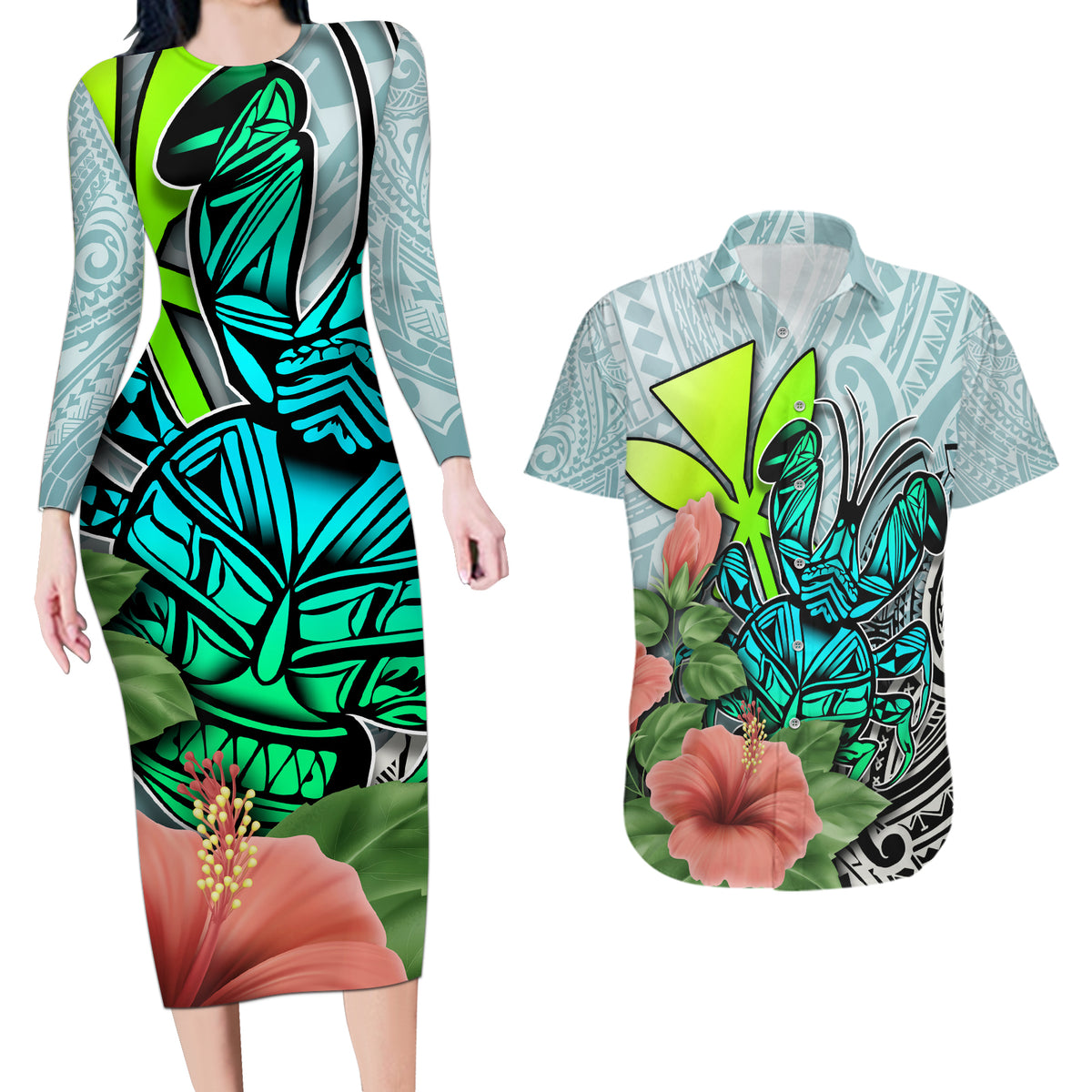 Polynesian Hawaii Couples Matching Long Sleeve Bodycon Dress and Hawaiian Shirt Kanaka with Crab Tribal tattoo - Wonder Print Shop