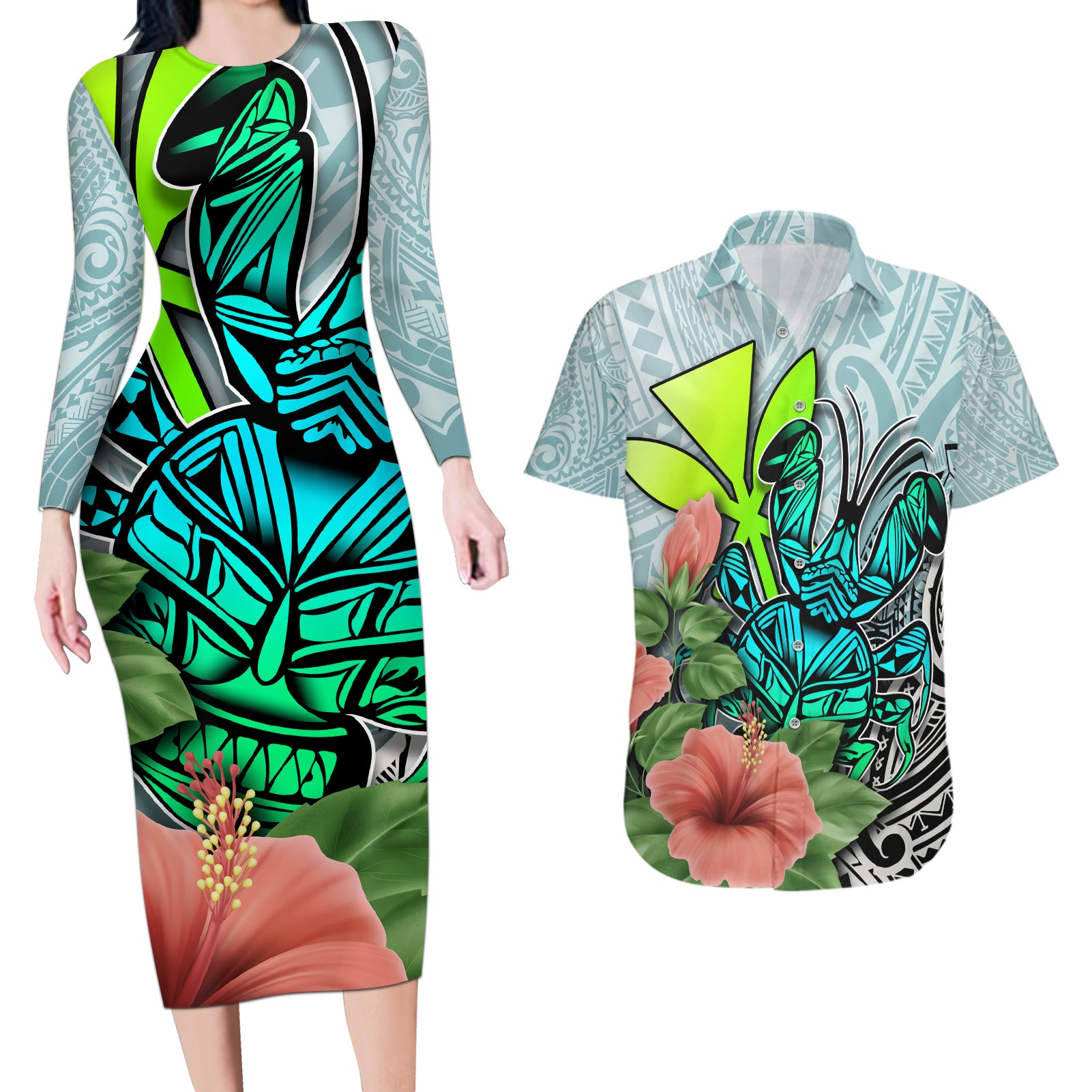 Polynesian Hawaii Couples Matching Long Sleeve Bodycon Dress and Hawaiian Shirt Kanaka with Crab Tribal tattoo - Wonder Print Shop