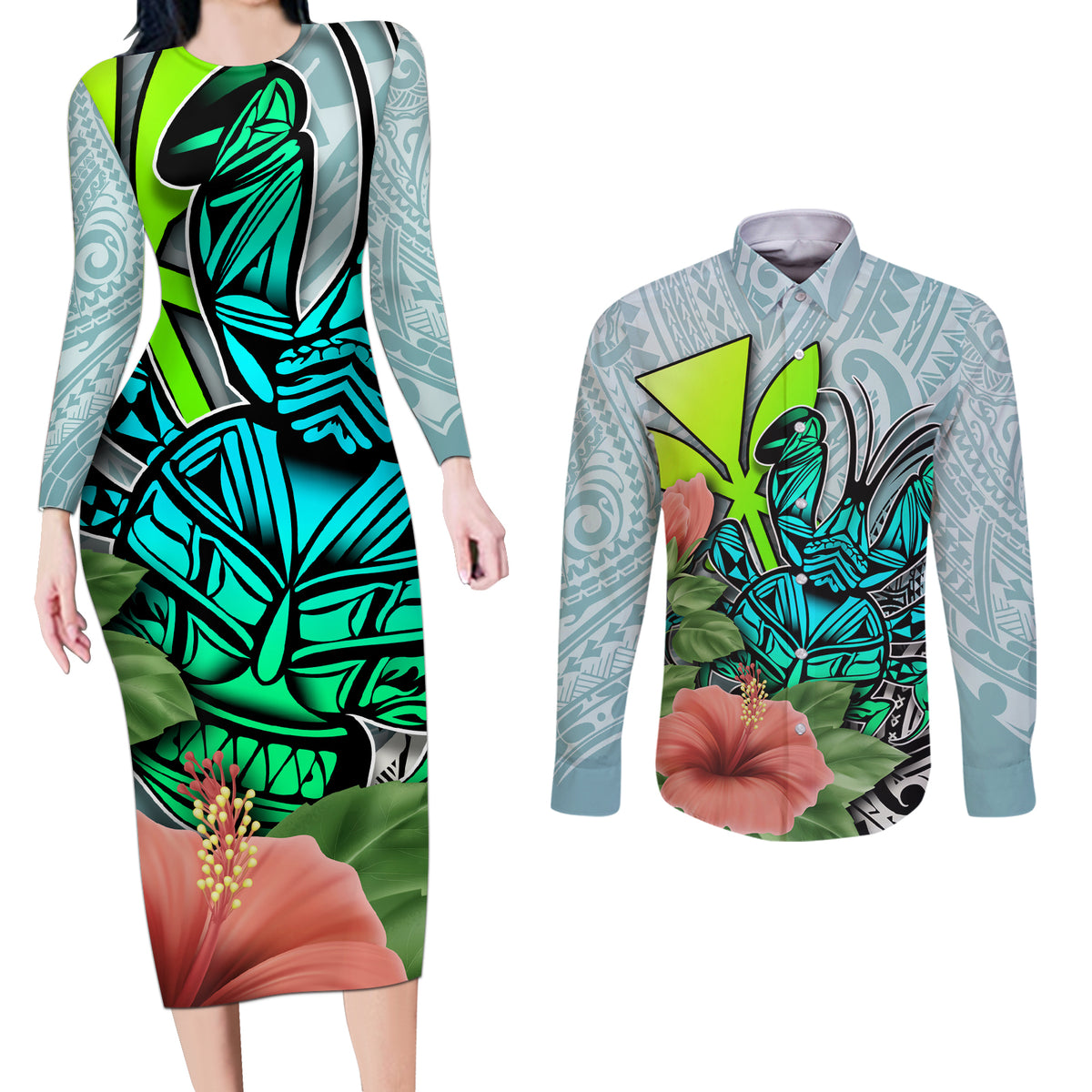 Polynesian Hawaii Couples Matching Long Sleeve Bodycon Dress and Long Sleeve Button Shirt Kanaka with Crab Tribal tattoo - Wonder Print Shop