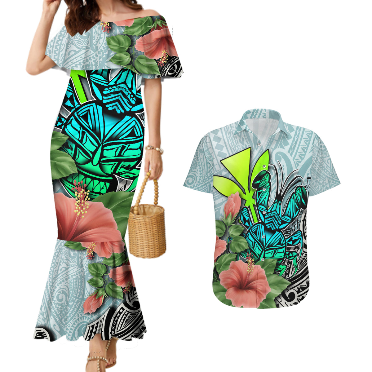 Polynesian Hawaii Couples Matching Mermaid Dress and Hawaiian Shirt Kanaka with Crab Tribal tattoo - Wonder Print Shop